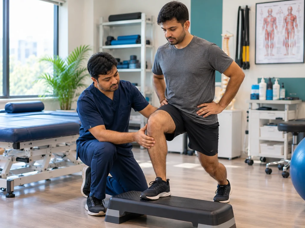 Guided step-up knee rehabilitation exercise