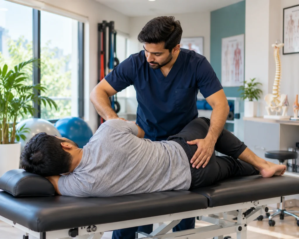 Physiotherapist guiding a hip stretch